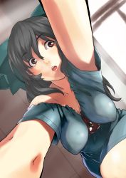 Rule 34 | 1girl, alternate costume, armpits, bad id, bad pixiv id, black hair, bow, breasts, casual, cleavage, contemporary, face, female focus, foreshortening, hair bow, highres, impossible clothes, impossible shirt, kirisato itsuki, large breasts, lips, long hair, perspective, red eyes, reiuji utsuho, shirt, solo, touhou