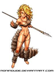 Rule 34 | 1girl, arm warmers, armlet, barefoot, blonde hair, breasts, cave elf (ronindude), cleavage, covered erect nipples, elf, full body, highres, holding, holding weapon, leg warmers, lips, long hair, medium breasts, navel, original, pointy ears, polearm, ronindude, single strap, solo, spear, tail, teeth, toned, weapon