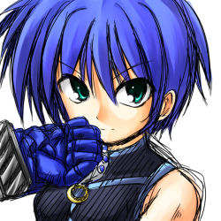 Rule 34 | 00s, 1girl, bare shoulders, blue hair, boshinote, clenched hand, gauntlets, green eyes, looking at viewer, lyrical nanoha, magical girl, mahou shoujo lyrical nanoha, mahou shoujo lyrical nanoha strikers, revolver knuckle, serious, short hair, simple background, sleeveless, solo, subaru nakajima, upper body, vest, white background
