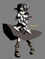 Rule 34 | 1girl, akakage red, blouse, boots, bow, brown hair, english text, female focus, ghostly field club, grey background, hat, necktie, red (artist), shirt, simple background, solo, touhou, usami renko, white shirt