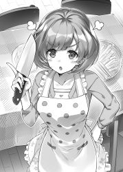 Rule 34 | 1girl, :o, apron, blush, chair, copyright request, female focus, from above, greyscale, hand on own hip, holding, holding knife, indoors, knife, long sleeves, looking at viewer, monochrome, novel illustration, official art, plate, polka dot, short hair, solo, standing, super zombie, table, tablecloth, v-shaped eyebrows