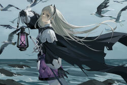 Rule 34 | 1girl, 974605231, absurdres, arknights, bird, black cape, black dress, black gloves, breasts, cape, capelet, dress, earrings, gloves, grey eyes, grey hair, gun, handgun, head wings, highres, holding, holding lantern, holstered, irene (arknights), jewelry, lantern, long hair, long sleeves, looking at viewer, medium breasts, pantyhose, pink skirt, puffy long sleeves, puffy sleeves, revolver, rock, scar, scar across eye, scar on face, seagull, simple background, skirt, solo, sword, thighhighs, water, weapon, white capelet, white pantyhose, white thighhighs, wings