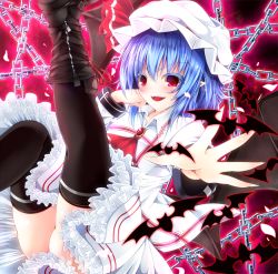 Rule 34 | 1girl, album cover, bat (animal), bat wings, black thighhighs, blue hair, boots, bow, chain, cover, elbow rest, fangs, ginzake (mizuumi), hat, hat bow, mob cap, open hand, red eyes, remilia scarlet, solo, thighhighs, touhou, wings