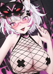 Rule 34 | 1girl, animal ear fluff, animal ears, blunt bangs, blush, breasts, cleavage, commission, cross pasties, fishnet top, fishnets, glasses, hand up, heart, heart-shaped pupils, highres, indie virtual youtuber, large breasts, mask, mask on head, medium hair, multicolored hair, nail polish, open mouth, pasties, pink eyes, pink hair, pink nails, see-through, see-through shirt, semi-rimless eyewear, shirt, solo, streaked hair, symbol-shaped pupils, tape, tape on nipples, tongue, tongue out, vex (vtuber), virtual youtuber, waytok, white hair