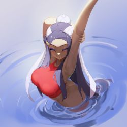 Rule 34 | 1girl, ^ ^, absurdres, arm up, armpits, arms behind head, arms up, ass, bikini, blush, bottomless, breasts, closed eyes, commentary request, creatures (company), dark-skinned female, dark skin, earrings, eyeliner, eyeshadow, game freak, hair bun, highres, hoop earrings, huge ass, jewelry, komadera, large breasts, makeup, multicolored hair, navel, nessa (pokemon), nintendo, pokemon, pokemon: twilight wings, pokemon (anime), pokemon swsh, signature, single hair bun, smile, solo, sportswear, stretching, swimsuit, tank top, tankini, two-tone hair, water, water drop