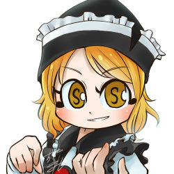 Rule 34 | 1girl, black hat, black vest, blonde hair, chamaji, commentary request, frilled hat, frilled vest, frills, hat, long sleeves, looking at viewer, lowres, lunasa prismriver, musical note, profile picture, shirt, short hair, signature, simple background, smile, solo, touhou, upper body, vest, white shirt