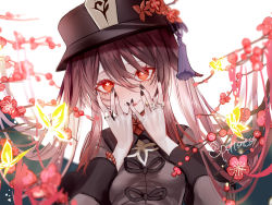 Rule 34 | 1girl, absurdres, black hat, black nails, bug, butterfly, chinese clothes, flower, genshin impact, hands up, hat, highres, hu tao (genshin impact), insect, jewelry, long hair, long sleeves, looking at viewer, nail polish, parted lips, pottsness, red eyes, ring, smile, solo, symbol-shaped pupils, twitter username, upper body