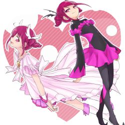 Rule 34 | 10s, 2girls, bad end happy, bad end precure, black bodysuit, bodysuit, boots, cure happy, cure happy (princess form), dark persona, dress, dual persona, gloves, highres, hoshizora miyuki, knee boots, long hair, multiple girls, pink eyes, pink hair, pink theme, precure, princess form (smile precure!), skirt, smile, smile precure!, twintails, yuucho