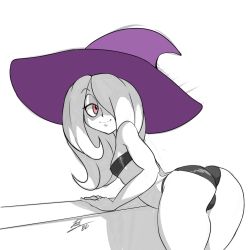 Rule 34 | 10s, 1girl, ass, bigdead, flat chest, hair over one eye, half-closed eyes, hat, highres, leaning forward, legs together, little witch academia, monochrome, purple hat, simple background, solo, spot color, sucy manbavaran, tagme, white background, witch, witch hat