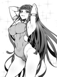 Rule 34 | 1girl, absurdres, armpits, arms behind head, arms up, blunt bangs, blush, breasts, cleopatra (fate), competition swimsuit, covered navel, earrings, eye of horus, fate/grand order, fate (series), gggg, greyscale, hairband, highres, hoop earrings, jewelry, large breasts, leotard, long hair, looking at viewer, monochrome, one-piece swimsuit, open mouth, ring, smile, solo, sparkle, standing, swimsuit, thighs, very long hair