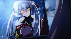 Rule 34 | 1girl, bare shoulders, blush, breathing, closed mouth, cold, destroyer (girls&#039; frontline), dress, embarrassed, girls&#039; frontline, hair between eyes, hair ornament, hat, highres, holding, long hair, looking at viewer, outdoors, sangvis ferri, santa hat, silver hair, snowing, solo, twintails, window, yellow eyes, yzha022