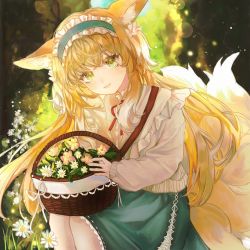Rule 34 | 1girl, animal ear fluff, animal ears, arknights, azhenhgu, basket, blonde hair, blue hairband, blue skirt, closed mouth, commentary request, day, feet out of frame, flower, fox ears, fox girl, fox tail, frilled hairband, frills, hairband, highres, holding, holding basket, jacket, kitsune, long hair, long sleeves, looking at viewer, multicolored hair, neck ribbon, outdoors, pink flower, puffy long sleeves, puffy sleeves, red ribbon, ribbon, shirt, skirt, sleeves past wrists, smile, solo, suzuran (arknights), suzuran (spring praise) (arknights), tail, two-tone hair, very long hair, white flower, white hair, white jacket, white shirt, yellow eyes