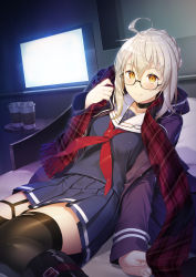 Rule 34 | 1girl, ahoge, artoria pendragon (fate), bed, bed sheet, black-framed eyewear, black choker, blouse, blue jacket, blue shirt, blue skirt, breasts, bridal garter, choker, closed mouth, coffee, collarbone, commentary request, cup, disposable cup, fate/grand order, fate (series), glasses, hair bun, highres, jacket, looking at viewer, medium breasts, mysterious heroine x alter (fate), mysterious heroine x alter (first ascension) (fate), neck ribbon, nonderi, on bed, pillow, plaid, plaid scarf, platinum blonde hair, pleated skirt, reclining, red ribbon, red scarf, ribbon, sailor collar, scarf, school uniform, semi-rimless eyewear, serafuku, shirt, short hair, sidelocks, single hair bun, skirt, smile, solo, television, thighhighs, yellow eyes