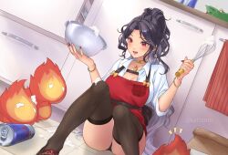 Rule 34 | 1girl, apron, black hair, black thighhighs, bracelet, breasts, cleavage, commentary, english commentary, gold choker, gradient hair, high ponytail, highres, jewelry, kat (kattaeto), kitchen, large breasts, long hair, multicolored hair, necklace, nijisanji, nijisanji en, red apron, red eyes, red nails, scarle yonaguni, scarle yonaguni (1st costume), scarling (scarle yonaguni), solo, thighhighs, virtual youtuber, whisk
