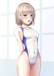 Rule 34 | 1girl, absurdres, arm behind back, blue eyes, breasts, commentary request, competition swimsuit, covered navel, cowboy shot, hibika, highleg, highleg swimsuit, highres, idolmaster, idolmaster shiny colors, light brown hair, medium breasts, one-piece swimsuit, open mouth, serizawa asahi, short hair, solo, standing, swimsuit, white one-piece swimsuit