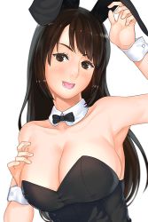 Rule 34 | 1girl, :d, animal ears, arm up, armpits, bad id, bad pixiv id, bare arms, bare shoulders, black hair, blush, bow, bowtie, breasts, brown eyes, rabbit ears, cleavage, detached collar, fake animal ears, female focus, harumaki haruki, head tilt, large breasts, leotard, long hair, looking at viewer, neck, open mouth, playboy bunny, smile, solo, strapless, teeth, upper body, wrist cuffs
