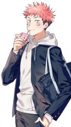 Rule 34 | 1boy, aya090812, bag, black jacket, black pants, drinking straw, facial mark, hand in pocket, highres, hood, hoodie, itadori yuuji, jacket, jujutsu kaisen, looking at viewer, male focus, pants, pink hair, school bag, simple background, smile, solo, undercut, white background, white hoodie