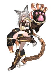 Rule 34 | 10s, 1girl, animal ears, animal hands, argyle, argyle clothes, argyle cutout, cat ears, cat paws, claws, clothing cutout, dress, erune, fangs, full body, granblue fantasy, grey hair, highres, leg up, long hair, midriff, orange eyes, sen (granblue fantasy), side cutout, solo, standing, standing on one leg, transparent background, white background, yggsil
