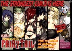 Rule 34 | 4boys, 4girls, ass, black hair, blonde hair, blue hair, breasts, charle (fairy tail), cleavage, copyright name, erza scarlet, fairy tail, fire, gray fullbuster, happy (fairy tail), highres, huge breasts, legs, long hair, looking at viewer, lucy heartfilia, mashima hiro, midriff, multiple boys, multiple girls, natsu dragneel, official art, pantherlily, pink hair, red hair, sideboob, tattoo, thighhighs, wendy marvell, white hair