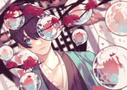 Rule 34 | 1boy, aqua eyes, aqua jacket, blue eyes, blurry, blurry background, blurry foreground, branch, brown hair, brown kimono, closed mouth, collarbone, commentary, depth of field, dutch angle, flower, hair over one eye, haori, hinata 1309, jacket, japanese clothes, kimono, looking at viewer, male focus, one eye covered, orb, original, petals, red flower, reflection, refraction, short hair, solo, symbol-only commentary, upper body
