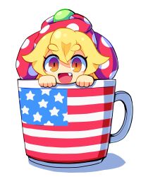 Rule 34 | 1girl, blonde hair, chibi, clownpiece, coffee mug, cup, fang, highres, long hair, looking at viewer, mug, open mouth, ranka (tonbo), red eyes, ringed eyes, simple background, smile, solo, thick eyebrows, touhou, white background