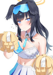 Rule 34 | 1girl, absurdres, animal ears, black hair, blue archive, blue eyes, bright pupils, cheerleader, dog ears, dog girl, dog tail, goggles, goggles on head, hibiki (blue archive), hibiki (cheer squad) (blue archive), highres, holding, holding pom poms, illust ruta, long hair, looking at viewer, millennium cheerleader outfit (blue archive), navel, pom pom (cheerleading), pom poms, ponytail, solo, tail, white pupils