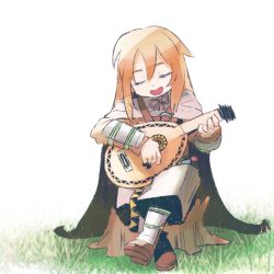 Rule 34 | 1girl, :d, bad id, bad twitter id, boots, bracer, brown footwear, brown hair, cape, closed eyes, closed mouth, copyright request, crossed legs, facing viewer, grass, head tilt, holding, holding instrument, instrument, long hair, long sleeves, male focus, music, open mouth, playing instrument, reiesu (reis), simple background, smile, solo, white background