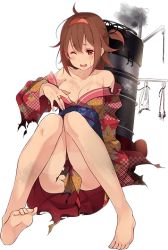 Rule 34 | 10s, 1girl, ass, bare shoulders, barefoot, black ribbon, blush, breasts, brown eyes, brown hair, cleavage, feet, full body, hairband, japanese clothes, kantai collection, kimono, kujou ichiso, machinery, obi, off shoulder, official art, one eye closed, open mouth, red hairband, ribbon, round teeth, sash, shiratsuyu (kancolle), short hair, sitting, solo, teeth, torn clothes, transparent background, two side up, wide sleeves, yukata