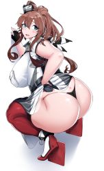 Rule 34 | 1girl, against wall, ass, bad id, bad pixiv id, blue eyes, blush, breasts, brown hair, clothes lift, embarrassed, eyelashes, fingerless gloves, full body, gloves, hair ornament, highres, huge ass, huge breasts, kantai collection, long hair, looking back, master cake, merry weather, military, military uniform, open mouth, ponytail, red thighhighs, saratoga (kancolle), shiny skin, sideboob, simple background, skirt, skirt hold, skirt lift, solo, squatting, sweatdrop, thighhighs, thighs, thong, uniform, white background