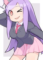 Rule 34 | 1girl, animal ears, black jacket, blazer, blush, breasts, bright pupils, collared shirt, commentary request, cookie (touhou), cowboy shot, grey background, hisui (cookie), hospital king, jacket, large breasts, long hair, long sleeves, looking at viewer, medium bangs, necktie, one eye closed, open mouth, pink skirt, pleated skirt, purple hair, rabbit ears, rabbit girl, red eyes, red necktie, reisen udongein inaba, shirt, skirt, smile, solo, swept bangs, touhou, two-tone background, very long hair, white background, white pupils, white shirt
