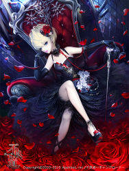 Rule 34 | 1girl, armchair, black dress, chair, dadachyo, dress, dutch angle, elbow gloves, flower, furyou michi ~gang road~, gloves, high heels, holding, crossed legs, lens flare, lipstick, makeup, petals, red flower, rose, rose petals