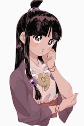 Rule 34 | 1girl, ace attorney, black hair, blunt bangs, hair ornament, half updo, hand up, highres, japanese clothes, jewelry, long hair, maya fey, necklace, omen hohoho, sidelocks, simple background, solo, upper body, white background