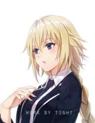 Rule 34 | 1girl, black jacket, black necktie, blonde hair, braid, casual, collared shirt, fate/apocrypha, fate (series), hair between eyes, hand on own chest, hand up, jacket, jeanne d&#039;arc (fate), jeanne d&#039;arc (girl from orleans) (fate), jeanne d&#039;arc (ruler) (fate), long hair, long sleeves, looking away, necktie, parted lips, purple eyes, shirt, simple background, single braid, solo, tight (ohmygod), upper body, white background, white shirt, wing collar