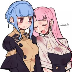 Rule 34 | 2girls, artist name, blood, blood on clothes, blood on face, blue hair, blunt bangs, braid, brown eyes, closed eyes, closed mouth, crown braid, cuts, do m kaeru, fire emblem, fire emblem: three houses, garreg mach monastery uniform, hilda valentine goneril, injury, long hair, long sleeves, marianne von edmund, multiple girls, nintendo, open mouth, pink hair, simple background, sleeves rolled up, twintails, uniform, upper body, white background