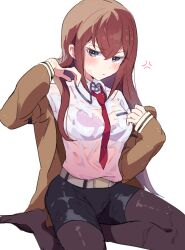 Rule 34 | 1girl, anger vein, belt, black pantyhose, black shorts, blush, bra, breasts, brown jacket, closed mouth, collared shirt, crossed bangs, enipa 28, frown, hair between eyes, hands up, highres, jacket, lace, lace-trimmed bra, lace trim, long hair, long sleeves, looking at viewer, makise kurisu, medium breasts, necktie, no shoes, open clothes, open jacket, pantyhose, purple bra, red hair, red necktie, see-through, see-through shirt, shirt, short shorts, shorts, sidelocks, simple background, sitting, solo, steins;gate, thighs, underwear, wariza, wet, wet clothes, wet shirt, white background, white belt, white shirt
