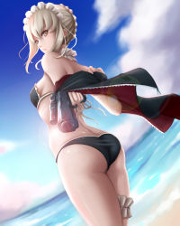 Rule 34 | 1girl, aiming, aiming at viewer, artoria pendragon (all), artoria pendragon (alter swimsuit rider) (fate), artoria pendragon (alter swimsuit rider) (second ascension) (fate), artoria pendragon (fate), ass, bare shoulders, bikini, black bikini, black jacket, blonde hair, blue sky, breasts, bridal garter, closed mouth, cloud, day, dutch angle, dydydyok, expressionless, fate/grand order, fate (series), from behind, gun, holding, holding gun, holding weapon, horizon, jacket, legs together, lips, looking at viewer, looking back, maid headdress, neck garter, ocean, off shoulder, open clothes, open jacket, saber alter, short hair, sideboob, sky, small breasts, solo, standing, swimsuit, unzipped, water, weapon, yellow eyes, zipper