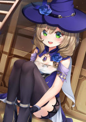 Rule 34 | 1girl, :d, absurdres, aged down, black footwear, black gloves, black skirt, black thighhighs, blue flower, blue hat, blue rose, blush, breasts, brown hair, commentary, flower, genshin impact, gloves, green eyes, hair between eyes, hat, hat flower, highres, ikazu401, knees up, ladder, lisa (genshin impact), long hair, looking at viewer, open mouth, purple hat, rose, shoes, sitting, skirt, small breasts, smile, solo, teeth, thighhighs, upper teeth only, witch hat