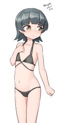 Rule 34 | 1girl, absurdres, arare (kancolle), bikini, black bikini, black hair, blunt bangs, brown hair, cowboy shot, flat chest, highres, kantai collection, looking back, low twintails, maru (marg0613), navel, one-hour drawing challenge, short hair, solo, swimsuit, twintails
