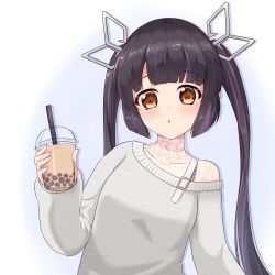 Rule 34 | 1girl, nanashi inc., absurdres, aitsugawa rui, alternate costume, black hair, blunt bangs, blush, breasts, bubble tea, commentary request, cup, demon girl, demon horns, drinking straw, drop shadow, grey sweater, highres, holding, holding cup, horns, kojo anna, lace, long hair, looking at viewer, medium breasts, multicolored hair, open mouth, pointy ears, purple hair, simple background, single bare shoulder, solo, sugar lyric, sweater, twintails, two-tone hair, upper body, virtual youtuber, white background, yellow eyes