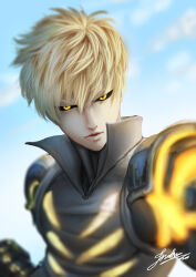 Rule 34 | 1boy, absurdres, black sclera, blonde hair, cloud, cloudy sky, colored sclera, commentary, cyborg, english commentary, genos, highres, looking at viewer, male focus, one-punch man, open mouth, outdoors, photoshop (medium), realistic, short hair, signature, sky, solo, tiyote, yellow eyes