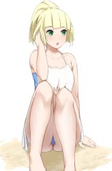 Rule 34 | 1girl, :o, bare arms, bare legs, bare shoulders, bikini, bikini under clothes, blonde hair, blue bikini, blue eyes, blush, breasts, collarbone, creatures (company), feet out of frame, game freak, hand in own hair, highres, legs together, lillie (pokemon), looking to the side, medium breasts, nintendo, open mouth, pokemon, pokemon sm, ponytail, sente, simple background, solo, strapless, swimsuit, tube top, white background
