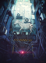 Rule 34 | absurdres, air conditioner, animal focus, chromatic aberration, clothesline, glowing, highres, hiromumaru, industrial pipe, no humans, original, robot, wide shot, wire, zebra
