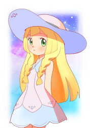 Rule 34 | 1girl, arms behind back, bare arms, blonde hair, blunt bangs, blush, braid, collared dress, commentary request, creatures (company), dress, eyelashes, game freak, green eyes, hat, hat ribbon, highres, kyanos (b 0000ff), lillie (pokemon), long hair, nintendo, parted lips, pokemon, pokemon sm, ribbon, sleeveless, sleeveless dress, solo, sun hat, sundress, twin braids, white dress, white hat