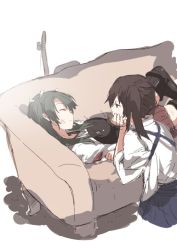 Rule 34 | 10s, 2girls, blood, boots, bow (weapon), brown hair, head rest, couch, dirty, dirty clothes, dirty face, closed eyes, female focus, green hair, hair ribbon, half-closed eyes, injury, japanese clothes, kaga (kancolle), kantai collection, long hair, looking at another, multiple girls, muneate, okinu (okinu dane), pleated skirt, ribbon, short hair, side ponytail, skirt, sleeping, sleeves rolled up, tasuki, thigh boots, thighhighs, torn clothes, twintails, weapon, white background, yuri, zuikaku (kancolle)