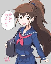 Rule 34 | 1girl, :d, bag, black serafuku, bowieknife, breasts, brown eyes, brown hair, grey background, grin, jpeg artifacts, large breasts, long hair, looking at viewer, open mouth, pleated skirt, ponytail, school bag, school uniform, serafuku, simple background, skirt, smile, solo, speech bubble, taneshima popura, translation request, working!!