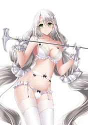 Rule 34 | 1girl, aquila (azur lane), azur lane, bra, breasts, cane, garter belt, gloves, green eyes, grey hair, highres, holding, holding cane, lace, lace-trimmed bra, lace-trimmed panties, lace trim, lingerie, long hair, looking at viewer, low twintails, medium breasts, panties, sashimori5, simple background, solo, thighhighs, twintails, underwear, underwear only, very long hair, white background, white bra, white garter belt, white gloves, white panties, white thighhighs