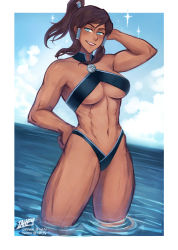 Rule 34 | 1girl, abs, arm behind head, arm up, avatar legends, beach, biceps, bikini, blue bikini, blue eyes, blue sky, breasts, brown hair, cleavage, dark-skinned female, dark skin, hair intakes, high ponytail, iahfy, korra, light blush, muscular, muscular female, navel, ocean, open mouth, partially submerged, ponytail, sky, smile, solo, sparkle, standing, stomach, swimsuit, the legend of korra, water