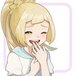 Rule 34 | 1girl, ;d, blonde hair, blush, commentary request, creatures (company), eyelashes, framed, game freak, green eyes, half-closed eye, hands up, high ponytail, lillie (pokemon), long hair, miu (miuuu 721), nintendo, one eye closed, open mouth, pokemon, pokemon sm, shirt, short sleeves, smile, solo, teeth, tongue, white background, white shirt