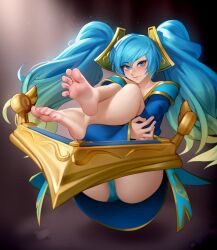 Rule 34 | 1girl, absurdres, aqua hair, ass, barefoot, blue eyes, blue hair, commentary, english commentary, feet, foot focus, full body, gradient hair, green hair, highres, hugging own legs, instrument, kairunoburogu, league of legends, legs, long hair, long sleeves, looking at viewer, multicolored hair, simple background, smile, soles, solo, sona (league of legends), toes, very long hair
