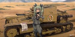Rule 34 | 1girl, absurdres, anchovy (girls und panzer), anzio (emblem), anzio military uniform, binoculars, book, breasts, carro veloce cv-33, caterpillar tracks, day, desert, drill hair, emblem, girls und panzer, green eyes, highres, jodhpurs, kk90, map, military, military vehicle, motor vehicle, necktie, pants, red eyes, small breasts, smile, solo, tank, twin drills, twintails